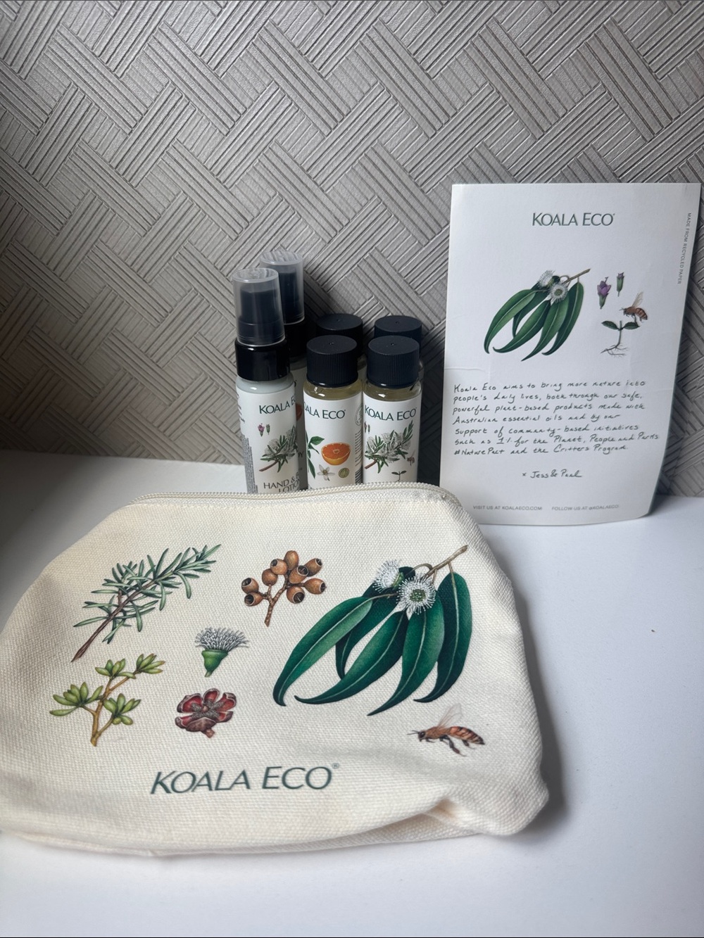Koala Eco travel pouch includes 2 of each hand, Body wash & hand & body lotion
